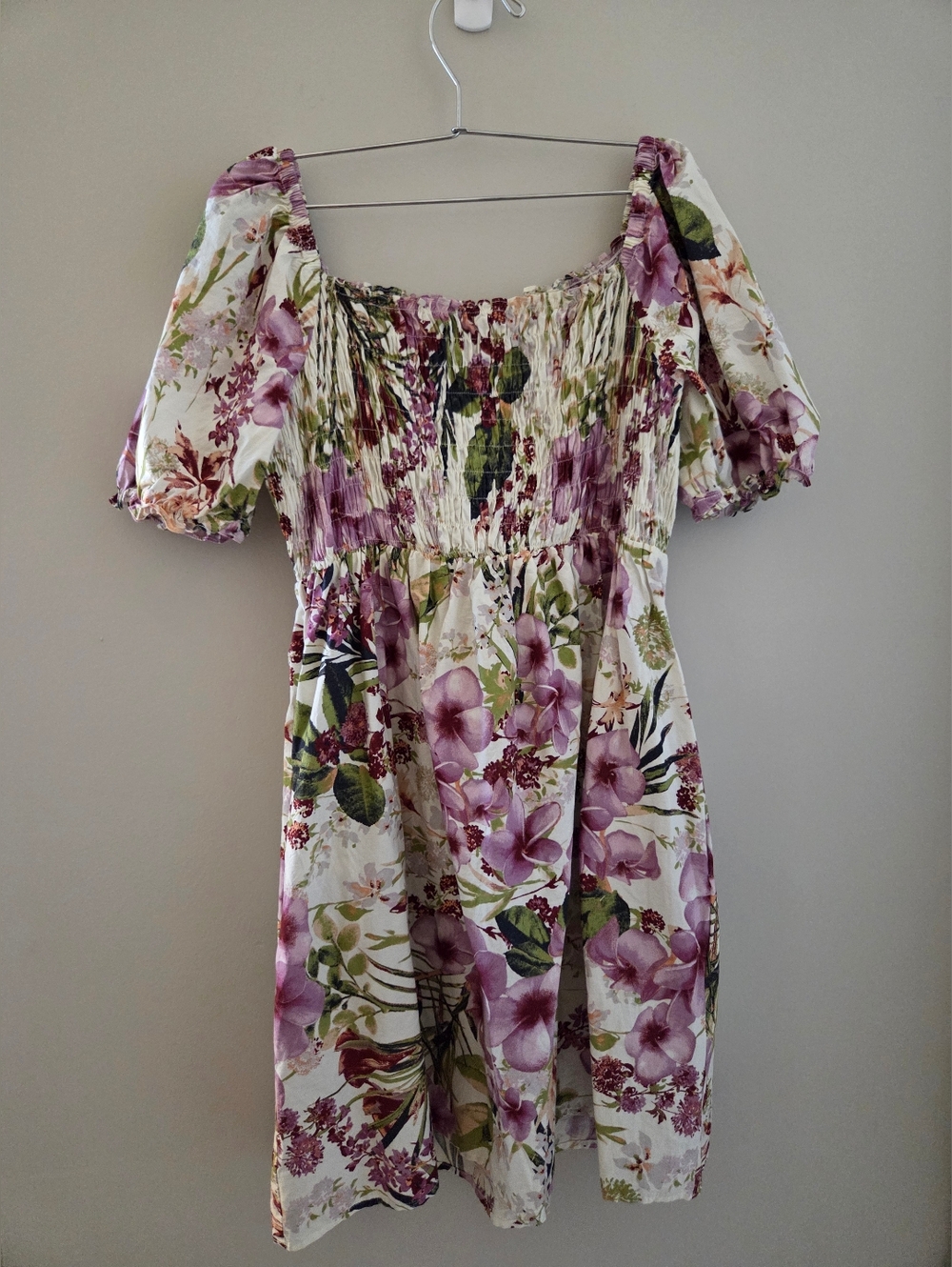 Maison Tara Floral Smocked Dress — White, Purple & Green